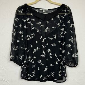 Daniel Rainn Black White Bird Print Sheer Blouse Womens XS Peter Pan Collar Goth